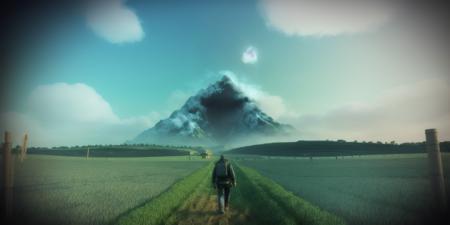 <lora:15ParralelDimensions:1>parallel dimension: a person walking through a field with a mountain in the background