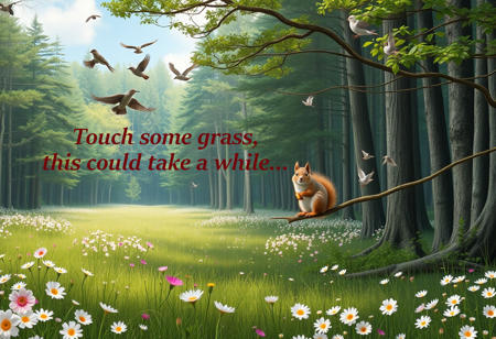 An idyllic, forest scene opening onto a meadow.  Flowers are everywhere, birds are in the air.  A squirrel is sitting on a branch.  Make the image cute, but very realistic.