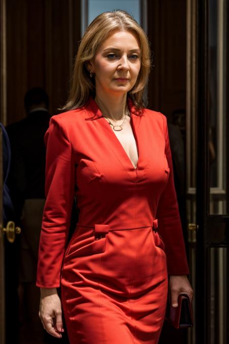 <lora:Liz_Truss:1> masterpiece, best quality, detailed face, 1woman, solo, a mature l1873t, realistic, red dress