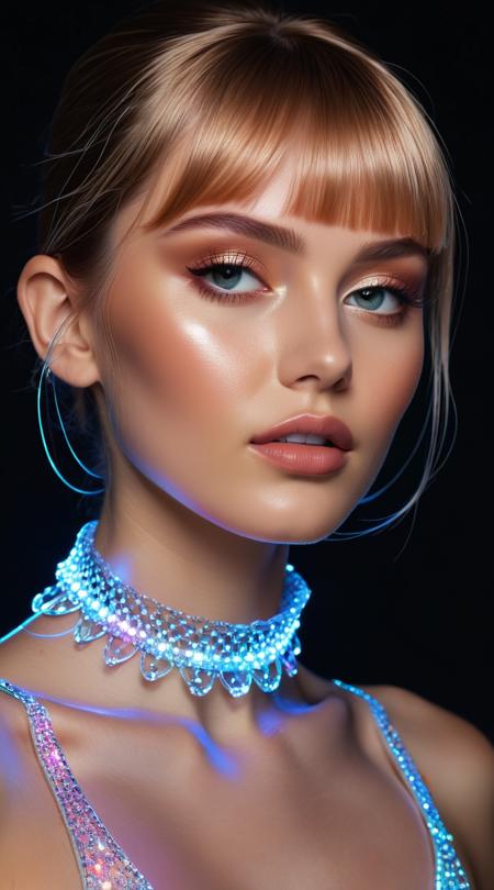 Close-up of a fashion model with a holographic choker that creates the illusion of a floating necklace, complemented by a glowing, fiber optic woven hairpiece.