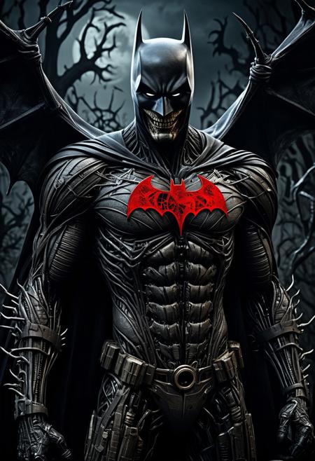 An Hyperrealistic dark Gothic photo of a hauntingly scary scarecrow batman. intricately detailed with a wide wild creepy smile. His eyes are black and thin. He is wearing a muscular mech suit,  with red batman logo. In the background there are dark scary Hugh bats  spiraling in zentangle design.  a masterpiece, 8k resolution, dark fantasy concept art, by Greg Rutkowski, by H.R. Giger, Tim Burton dynamic lighting, hyperdetailed, intricately detailed, Splash screen art, trending on Artstation, deep color, Unreal Engine, volumetric lighting, complementary colours