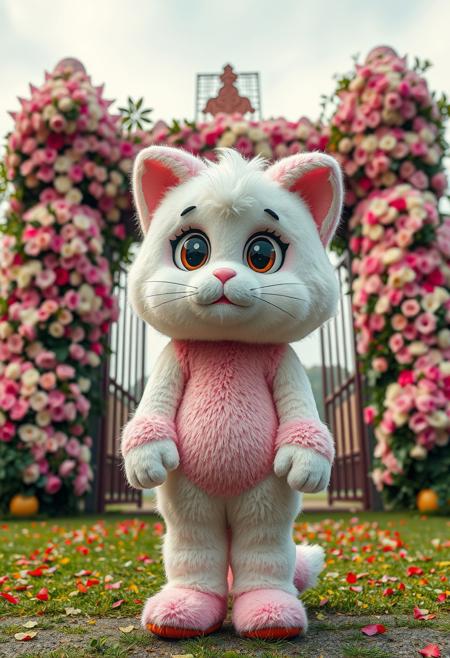 a photorealistic image, 4K, absurdres, amazing quality, hires, Furry cat mascot costumed, plushy like, animal ears, big eyes, standing in front of gigantic gate that is made from flowers, pink and white fur, cute, anime, doll, kawaii,