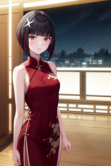 1girl, looking at viewer, solo,
kagenuiyozuru, short hair, bob cut, bangs, multicolored hair, red hair, black hair, streaked hair, brown eyes, star hair ornament, 
chinese dress,
inside, indoors, night, 
<lora:kagenui-yozuru:0.7>