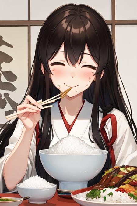 best quality, masterpiece, highres, solo, {akagi_kantaicollection:1.15}, long_hair, brown_hair, brown_eyes, muneate, tasuki, smile, 1girl, bowl, food, food_on_face, rice, rice_on_face, chopsticks, eating, japanese_clothes, rice_bowl, closed_eyes