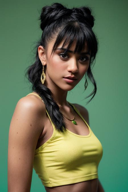 photo of seductive (ju4n1t4m0l-135:0.99), a beautiful woman, perfect hair upsweep updo, (modern photo), (Yellow Green graphic tee), ((gradient Pastel Green background:1.1)), 85mm, (analog, cinematic, film grain:1.3), detailed eyes, painted lips, necklace, (epicPhoto), (looking at viewer), (cinematic shot:1.3), PA7_Portrait-HL_v2