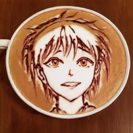 The image presents a cup of coffee placed on a wooden table. The coffee's frothy surface features an intricately hand-drawn portrait using what appears to be chocolate or cocoa powder. The portrait is an anime-style depiction of a girl with short, brown hair and large, expressive eyes. She appears to be holding a piece of chocolate or a small fruit in her hand, with her mouth slightly open as if she is about to take a bite or speak. Located at the bottom right of the image is the artist's signature, "@BELCORNO". The whole composition lends a warm, cozy ambiance resembling a quiet afternoon in a comfortable café. <lora:latte_art:1>