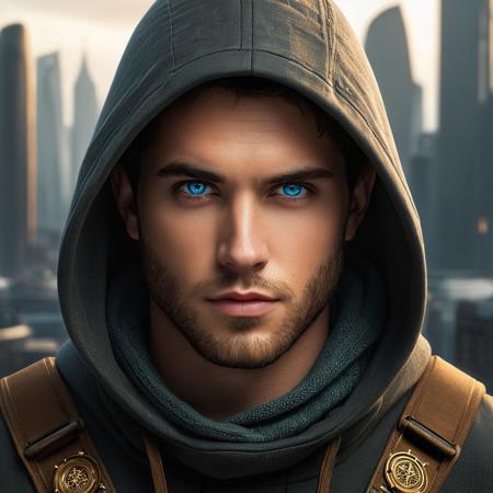 fantasy images.  a close-up portrait of a young man with striking bright blue eyes, jaw-length dark brown hair partially visible under a hood, and subtle facial features including a light beard. He wears a textured gray knit hoodie that covers his ears and extends over his neck, with a darker brown jacket underneath. A green tactical harness strap is visible on each shoulder. Her face shows a slight blush, especially around her cheeks and nose, adding warmth to her pale complexion. His expression is neutral but intense, looking directly at the viewer. Behind him there is a large golden-colored circular structure resembling an ancient zodiac wheel or celestial compass with intricate patterns, luminous symbols and Roman numerals. This mystical element casts a glow around its head, creating a halo effect. The background reveals a futuristic cityscape with tall spiers and towers in various shades of brown and gold, suggesting a dystopian environment.