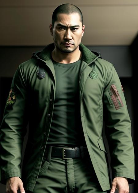 taiga saejima, man, green jacket, black shirt, brown belt, green camo pants, looking at camera, <lora:saejima:.4>, realistic, photo