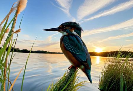 close-up kingfisher, side profile, morning glow background, lake water grass, morning sky with cirrus clouds