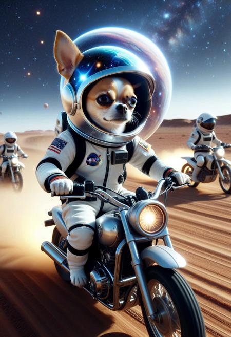 (made of CosmicStyle:1.3),  CosmicStyle, from side, closeup cute small motorcycle made of CosmicStyle, astronaut chihuahua driving, wear round goggles, wear animal ears helmet, wear CosmicStyle astronaut suit, run through on space planet dirt road, Dust, (surround by multiple motorcycles:1.2), space, galaxy, cinematic, cinematic lighting, (masterpiece, best quality:1.4), ultra-high res, 4k, Photorealistic, insanely detailed, sfw,