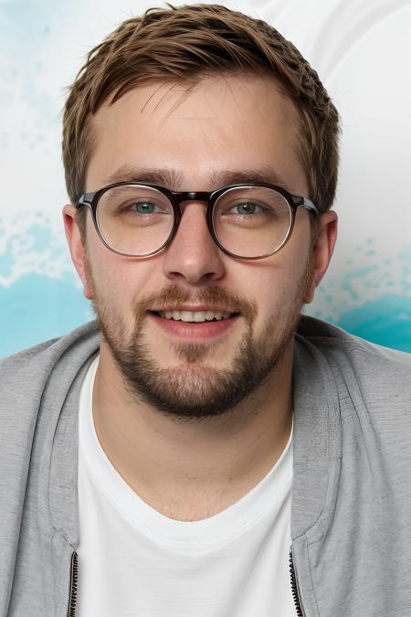 headshot of iain stirling, (plain:1.1) bright pastel background, white shirt  <lora:IainStirlingLora:1>