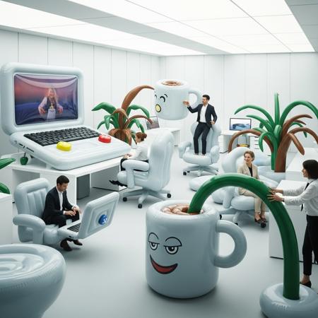 A modern high-tech office where everything is inflated: balloon-like laptops, floaty ergonomic chairs, air-puffed coffee mugs, desk plants made of bendy rubber. Bright interior lighting reflects on soft materials. Employees interacting with bounce-ready furniture in playful, surreal realism. ZyloO Style/XL inflatable design mood.