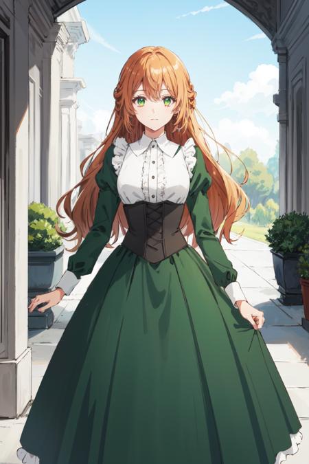 masterpiece, high quality, 1girl, solo, raeliana,  <lora:raeliana:0.7>, dress, green dress, corset, long sleeves, long hair, outdoors, closed mouth