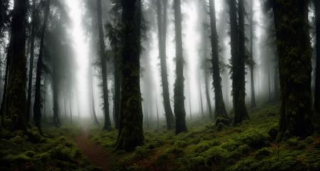 forest, giant trees, dark, fog, <lora:environmentart:0.8>