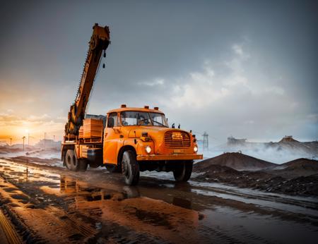 raw, orange tatra148 cranetruck, cyberpunk city construction site siberia, dark, winter, snow, mud, epic, absurdres, cinematic, dynamic view angle, volumetric lights, mist, cinematic, dutch angle, dust, volumetric lights, wet road after rain, mist, sunset, sun low on horizon, clouds <lyco:tatra148-loha:0.89>
