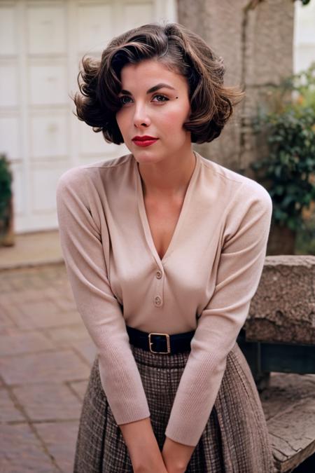 f3nn, woman, hyperealistic, 50s clothing, realistic skin, beautiful,(8k) (HDR), classic beauty, retro