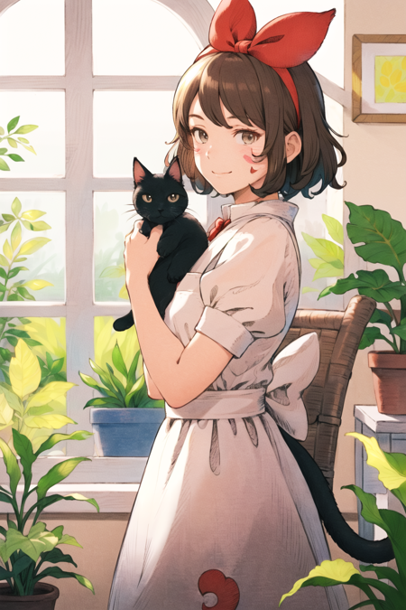 kuroimori, 1girl, animal, animal on shoulder, apron, black cat, blurry, bob cut, bow, brown eyes, brown hair, cat, cat on shoulder, cat teaser, chair, closed mouth, depth of field, dress, flower, from side, hair bow, hairband, hanging plant, herb bundle, indoors, looking at viewer, looking to the side, machinery, pink apron, plant, potted plant, puffy short sleeves, puffy sleeves, red bow, short hair, short sleeves, smile, swept bangs, table, tablecloth, white dress, window,  kiki \(majo no takkyuubin\), ((masterpiece)) , ((pencil marks)) <lora:kuroimori_offset:1>