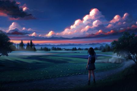 <lora:everlasting_nightmare-10:1>, 1girl, (night:1.2), landscape background