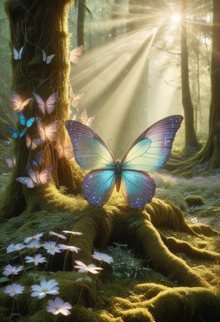 butterflyStyle — Cinematic photograph of a giant iridescent butterfly gently resting on an ancient, moss-covered tree in a lush enchanted forest. Its wings subtly merge with delicate circuitry patterns glowing softly in the dappled sunlight. Nearby, a graceful unicorn with shimmering butterfly wings drinks from a crystal-clear stream, while tiny glowing fairies with tech-inspired wings flit playfully around blooming flowers. The scene is bathed in warm golden-hour light, rich in vibrant greens and soft pastels, with mist rising from the forest floor. Captured with ultra-high detail, soft focus background, and magical, ethereal atmosphere.