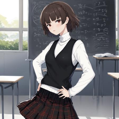 digital art, (masterpiece), (best quality), A detailed and cinematic wallpaper, a woman Niijima Makoto standing outside classroom wearing white sweater inside with black vest outside and a plaid pattern skirt <lora:makoto_xl:1>