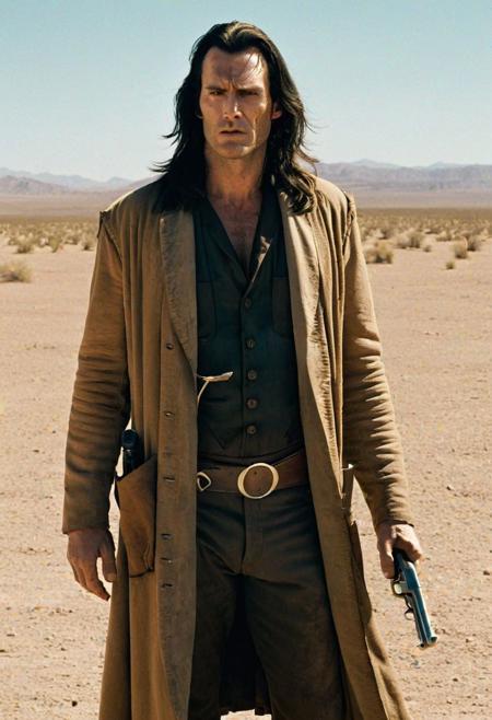 Tall man with long dark hair, pale skin, brown eyes, scar on face, wearing a long tan duster,( alone:1.1), in a desert, high noon, ugly face holding a revolver