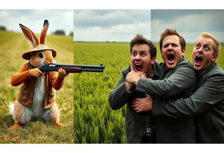 imagine a scene in three parts, to the left is a rabbit dressed as a hunter aiming a shotgun, to the center is a field of grass, to the right are three men screaming with terrified looks holding one another