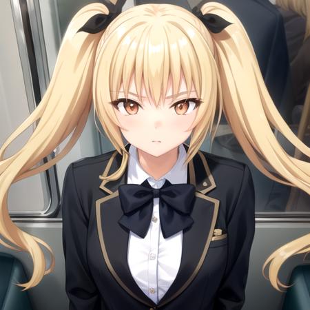 ((masterpiece)),(best quality),official art,extremely detailed CG,unity 8k wallpaper,ultra detailed,train interior,1girl,solo,upper body,(portrait:1.2),looking at viewer,long hair,blonde hair,twintails,bangs,sidelocks,orange eyes,school uniform,buttons,black jacket,long sleeves,black bowtie,black bow,white shirt,collared shirt,dress shirt,large breasts,pleated skirt,black skirt,miniskirt,zettai ryouiki,thighhighs,loafers,<lora:Momozono Reika(cur)>,