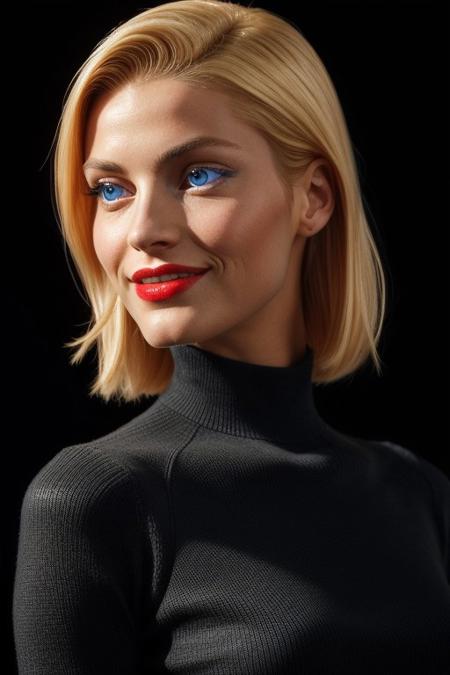 safe_pos, A high-quality photograph of RandaDuaneSAS, an attractive woman with blonde hair. She has a beautiful face with glowing blue eyes, red lips and evil smile. She wears a casual dress consist of a turtleneck sweater, a skirt and high heel boots. 1girl, solo, perfect anatomy, perfect proportions, toned, masterpiece, best quality, high quality, photorealistic, ultra detailed, absurdres,