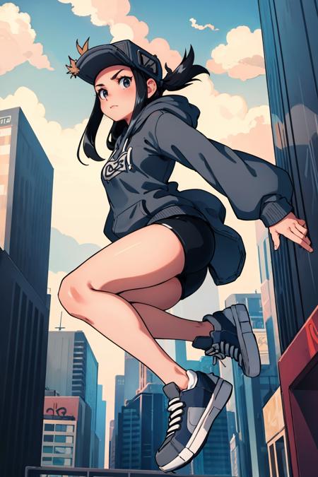 masterpiece, best quality,  <lora:cassettegirl-nvwls-v1-000009:0.9> cassettegirl, hat, grey hoodie, short shorts, sneakers, cityscape, graffiti, jumping, dynamic pose, from below, sky, clouds,