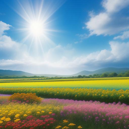 landscape, gorgeous view, flowers of many colors, blue sky, a few clouds, rays of sun