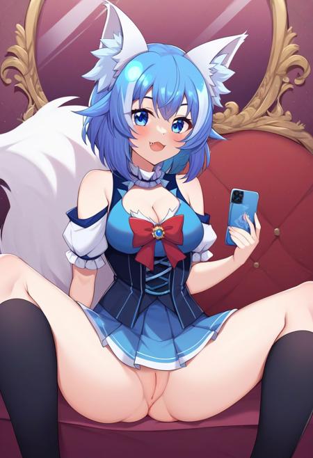 <lora:Wolfychu:0.7>, ((Wolfychu, blue eyes)), (masterpiece, best quality, high quality, highres, ultra-detailed), ((animal ears, (bangs), animal ear fluff, wolf girl)), (((white wolf tail))), (white wolf ears), highly detailed, ((medium breast)), HD, ((furry, short hair, blue shoulder length hair)), average build, ((Wolfychu)), fang, virtual youtuber, (((1 girl, solo, 1girl))), 
clothing cutout, shoulder cutout, (blue dress), ((detached sleeves)), (red bow on dress), ((bare shoulders)), black knee-highs, black knee highs, black knee-high socks, ((dark blue mini pleated skirt)), (cleavage), ((blue strapped vest dress)), ((puffy short sleeves)), ((puffy sleeves)), ((frilly choker)), fully clothed,
score_9, score_8_up, score_7_up, score_6_up, score_5_up, score_4_up, BREAK, score_9, score_8_up, score_7_up, epic photograpy, extremely detailed, high quality, absurd res, high res, (((phone, cellphone, female_pov, pov, spread_legs))), blush, (((self_shot, taking_picture, smartphone, mirror, surgical_mask, reflection,  holding_phone, cellphone_picture))), (((sitting, pussy, pussy visible))),
