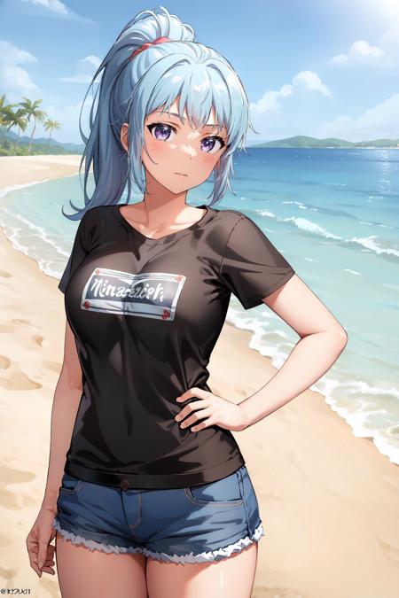 (masterpiece, best quality:1.4), looking at viewer, cowboy shot, saki kawasaki, ponytail, shirt, shorts, beach, <lora:saki_kawasaki_v1:0.7>