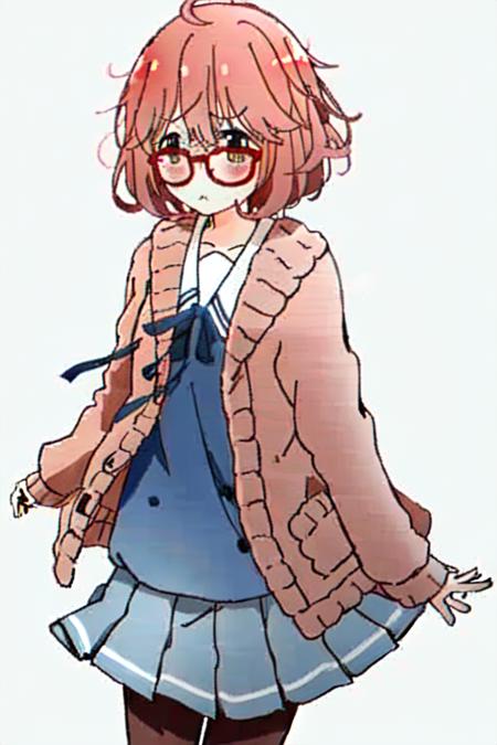 1girl, black_legwear, blue_skirt, blush, brown_hair, cardigan, glasses, kuriyama_mirai, motion_lines, open_cardigan, open_clothes, pantyhose, simple_background, pleated_skirt, red-framed_eyewear, school_uniform, serafuku, short_hair, skirt, solo,  <lora:Kuriyama Mirai:1>