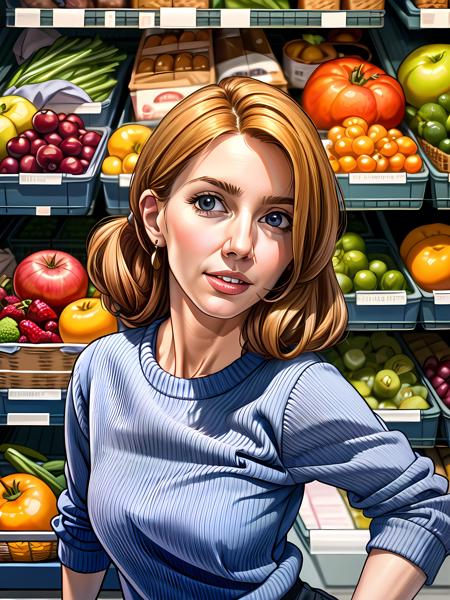 a photorealistic image in minkostyle+++ style of ( St4c3yD00l3y , knitted sweater), (at the (grocery Store), (produce section))++, realistic+++, masterpiece++, (extremely detailed)++, (beautiful face)++, (detailed face)++, (beautiful body), gorgeous, (sexy pose), 4k+, UHD <lora:St4c3yD00l3y_V1:0.9>