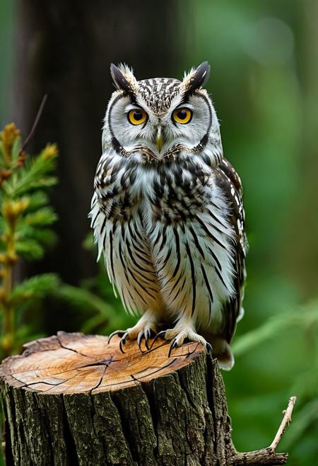a detailed image of a small owl perched on a tree stump against a dark, blurred background. The owl should have large, bright yellow eyes with black pupils, a sharp beak, and brown and white feathers with a few white spots. The bird's posture is upright and alert, with its head slightly tilted, giving it an inquisitive look. The tree stump should have rough, textured bark, and the background should be dark green, providing a natural and subtle contrast to highlight the owl. The overall atmosphere should be calm and focused on the owl's striking features.