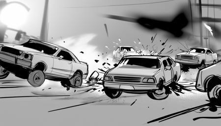 storyboard sketch of Demolition derby in full swing, cars smashing into each other, metal crunching and sparks flying.  <lora:storyboard sketch:0.8>