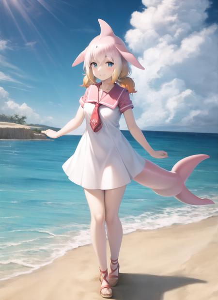 <lora:chiwhidol-000014:1>, full body, smile, outdoors, sky, day, simple background, beach background, sand, ocean, cetacean tail, dolphin girl, fish tail,