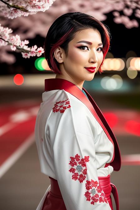 H1k4ru:3, a photoshoot of a beautiful woman, in a red and white kimono, race track with cars and cherry blossoms in background, cinematic lighting, (((extreme closeup))), face focus, happy, age 30, zoomed in, portrait:3, closeup:3