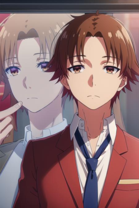 kiyotakaayanokouji, <lora:kiyotaka ayanokouji s2-lora-nochekaiser:1>,
kiyotaka ayanokouji, brown hair, (brown eyes:1.5), male focus, (parted bangs:1.5), short hair,
BREAK school uniform, jacket, necktie, blazer, blue necktie, shirt, white shirt, collared shirt, (red blazer:1.5),
BREAK indoors, classroom,
BREAK looking at viewer, (cowboy shot:1.5),
BREAK <lyco:GoodHands-beta2:1>, (masterpiece:1.2), best quality, high resolution, unity 8k wallpaper, (illustration:0.8), (beautiful detailed eyes:1.6), extremely detailed face, perfect lighting, extremely detailed CG, (perfect hands, perfect anatomy),