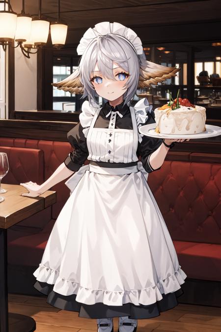 1girl, gbf-wamdus, maid, maid headdress, maid apron, restaurant, holding plate, standing,  full body,, , <lora:gbf-wamdusV3-000003:1>