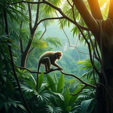 A photorealistic image of a jungle with a monkey similar to the one from Bali