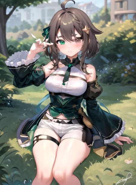 best quality, (masterpiece),(ultra-detailed), (high quality), (high resolution),  <lora:meica-10:0.7>,1girl, ahoge, black shorts, blush, braid, breasts, brown eyes, brown hair, detached sleeves, drink, frilled sleeves, green background, green bow, green eyes, hair between eyes, hair ornament, heterochromia, holding weapon, looking at viewer, meica, nail polish, ribbon, short sleeves, signature, solo, star hair ornament, virtual youtuber, witch