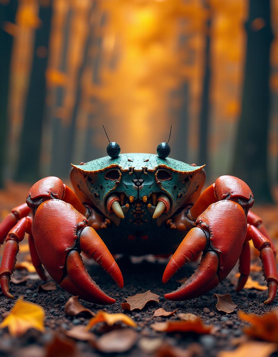 Apocalyptic Natural Crab, autumn background, art by Alexandre Antigna, Pop surrealism, cats, mexican culture, designer, unposed, arcadian, complex artistic color composition, highly enhanced, elegant, magical composition, pure, background inspired, professional fine composition, sublime, striking, polished