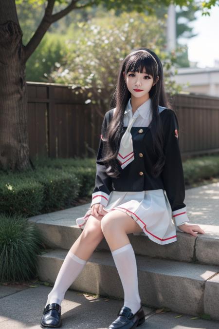 daidouji tomoyo, 1girl, solo, cosplay, cowboy shot,  tomoeda elementary school uniform, serafuku, long sleeves,buttons,neckerchief, pleated skirt,socks, loafers,  short hair,braided bun, long hair, straight hair,   bangs, sidelocks,hairband, 