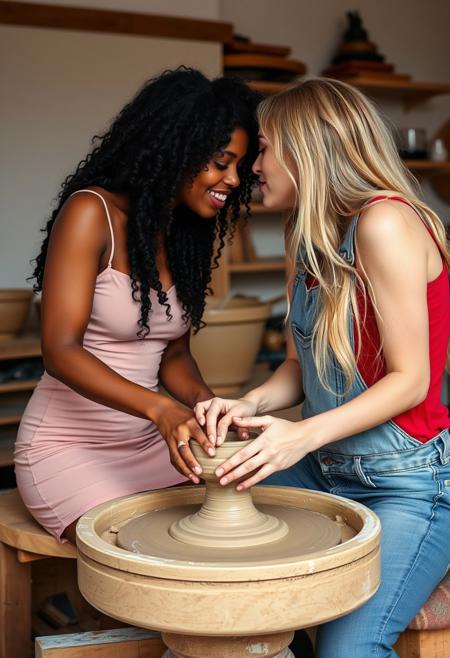A highly detailed and artistic photo of two young women working together at a pottery wheel.
One woman is black with long curly hair, she is wearing a form fitting summer dress. The other woman is white with long blonde hair, she is wearing jeans and tight fitting red top. 
Their hands are working together on the clay.
The women are leaning towards each other to exchange a romantic kiss.
The atmosphere is warm and tender. The lighting is soft.