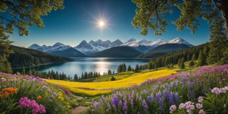 masterpiece, best quality, ultra-detailed, realistic, 8k, a pine tree, flowers fields, many kinds of flowers, a couple of rabbits on very distant, lakes, meadows, glitter, moonlight, out-of-this-world scenery, lifelike, naturalism, greatest naturalism photo, immaculate detailed realism photography, rich colors, best colors perfect composition, perfect colors, colorful, clear photo, intrigue nature panorama, delicate nature photo, immaculate micro-details nature elements, out-of-this-world scenery, landscape, flowers, crystal fantastic, breathtaking beautiful nature, unmatched beauty nature, more nature elements, rich nature elements, aesthetic, artistic style, surreal, insanely lifelike, top best naturalism photography, greatest detailed, intricate details, depth of field, no human, detailerlora,