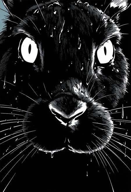 Frank Miller Sin City comic style. Extreme close-up: Bunny's head snaps upward, intense wide-eyed gaze locking onto viewer. Stark high-contrast absolute black and white, dramatic chiaroscuro casting harsh graphic shadows. Sharp focus isolates piercing dark eyes, glistening wet fur emphasized against deep shadow. Rain-slicked gritty urban twilight backdrop, softly blurred. Tense, surreal atmosphere; unexpected confrontational energy radiates from the sudden focused awareness. Wet black eyes reflect blurred city lights.
