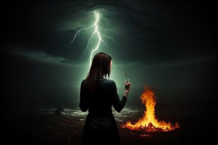 a 1 burning demon, girl face, brutal composition, gloomy, emotionally profound, horror, intense and brooding dark tones, masterpiece, best quality, high quality, highres, absurdres, dramatic lightning, high definition, depth of field, very intricate, unforgettable, digital art style,  Holding sign that reads, flamming letter "Buzz, or I'll haunt your nights!", dark inferno style background, creepy ambiance, , realistic view, surreal realism, photorealitc, cinema, dark vignettage, dark moode, flame rain, asteroid rain, gold lake on background