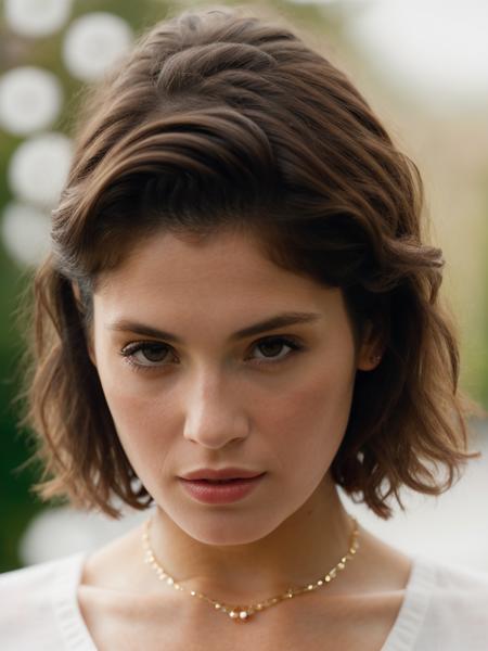 Realistic photo of a beautiful g3mm44 woman,  1girl, solo, short hair, simple background, brown hair, shirt, long sleeves, white background, brown eyes, jewelry, white shirt, upper body, bracelet, lips, looking to the side, realistic, nose, soft lighting, professional Photography, Photorealistic, detailed, RAW, analog, sharp focus, 8k, HD, high quality, masterpiece<lora:g3mm44:1.0>