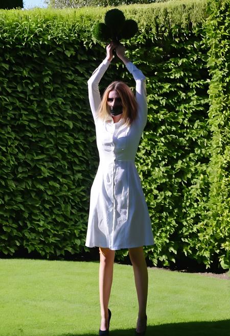 bdscvmthft realistic 1girl solo mask, mouth mask, looking at viewer, bdsm, arms up 24 year old, hair, breasts, eyes, best quality, RAW photo, subject, 8k uhd, high quality, photorealistic, mogul, in a European castle garden with topiaries, Shadow play shot <lora:bdscvmthXLrd:1>